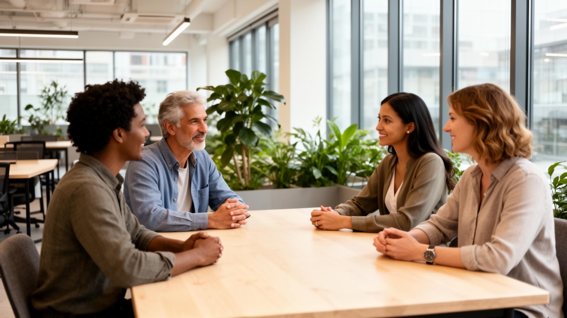 Equipo de profesionales conversando en un coworking luminoso